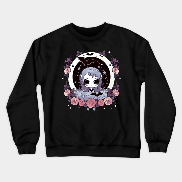 Gothic Portrait of Kawaii Vampire Girl with flowers and bats Crewneck Sweatshirt by The-Dark-King